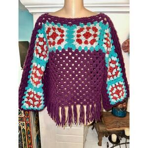 VINTAGE FRINGED GRANNY SQUARE BOHO PURPLE TURQUOISE CROCHET SWEATER FESTIVAL!